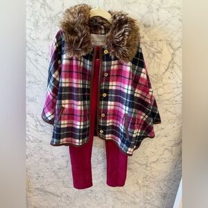 Janie and Jack size 5/6 plaid cape with fur collar and faux suede leggings set.